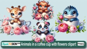 Cute animals in a coffee cup with flowers free clipart 100